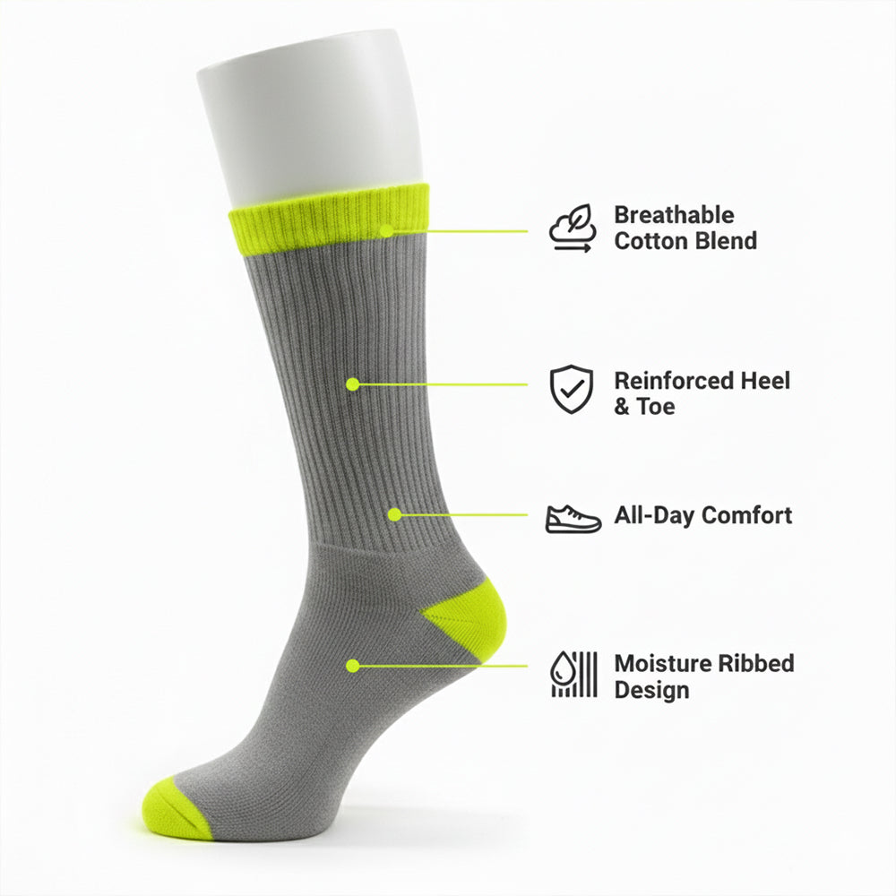 Unisex Crew Work Socks — Durable, Cushioned & Moisture — Wicking for Long Workdays and Boots — Neon Yellow - Alpine Collection
